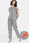 Zivame Blotched Bloom Woven Pyjama Set - Pool Blue — thumbnail 1